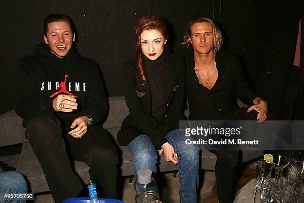 Professor Green, Nicola Roberts and Dougie Poynter attend the launch of Zebrano Restaurant on November 4, 2015 in London, England.