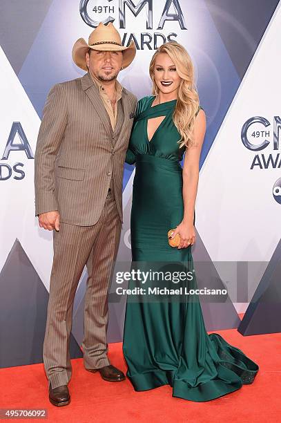 Musician Jason Aldean and cheerleader Brittany Kerr attend the 49th annual CMA Awards at the Bridgestone Arena on November 4, 2015 in Nashville,...