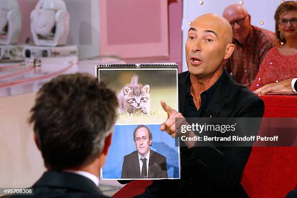 Imitator Nicolas Canteloup performs during the 'Vivement Dimanche' French TV Show Special 'France Television en Fete' at Pavillon Gabriel on November...