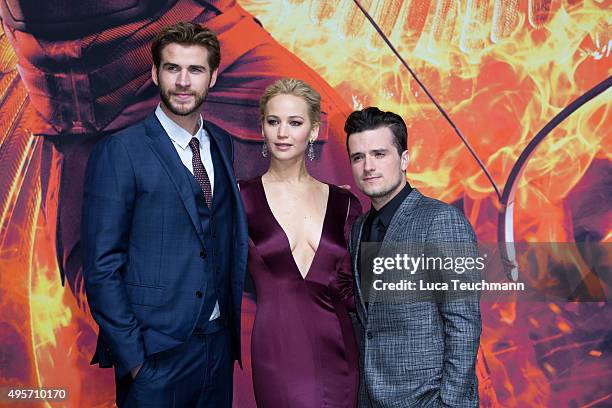 Liam Hemsworth; Jennifer Lawrence and Josh Hutcherson attends the world premiere of the film 'The Hunger Games: Mockingjay - Part 2' at CineStar on...