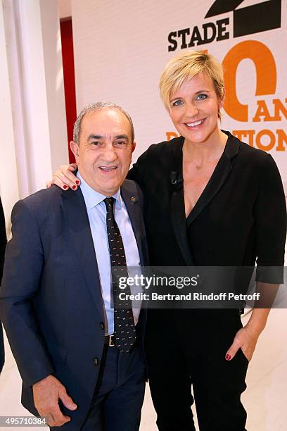 President of the French Tennis Federation , Jean Gachassin and France Television TV host Celine Geraud attend the 'Vivement Dimanche' French TV Show...