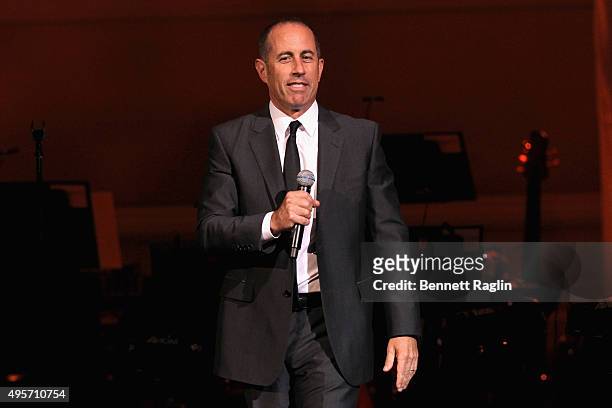 Comedian Jerry Seinfeld speaks onstage during the Change Begins Within: A David Lynch Foundation Benefit Concert on November 4, 2015 in New York City.
