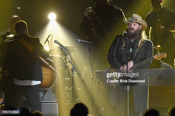 Musician Justin Timberlake performs onstage with Singer-songwriter Chris Stapleton at the 49th annual CMA Awards at the Bridgestone Arena on November...