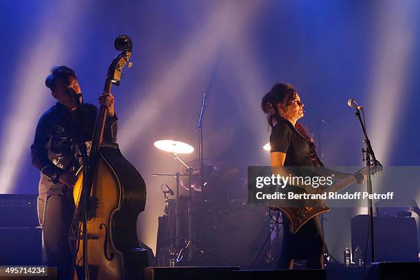 Singer Emanuela Hutter and her Group 'Hillbilly Moon Explosion' perform in first part before Singer Arielle Dombasle performs at La Cigale on...