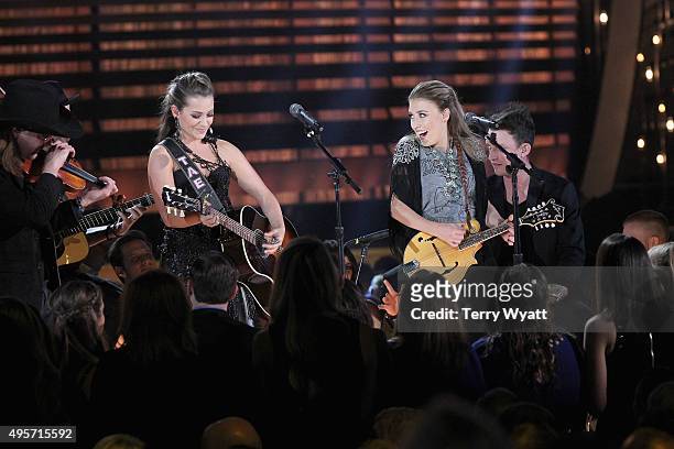 Tae Dye and Maddie Marlow of Maddie & Tae perform onstage at the 49th annual CMA Awards at the Bridgestone Arena on November 4, 2015 in Nashville,...