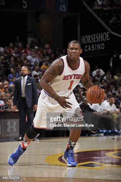 Kevin Seraphin of the New York Knicks dribbles the ball against the Cleveland Cavaliers on November 4, 2015 at Quicken Loans Arena in Cleveland,...