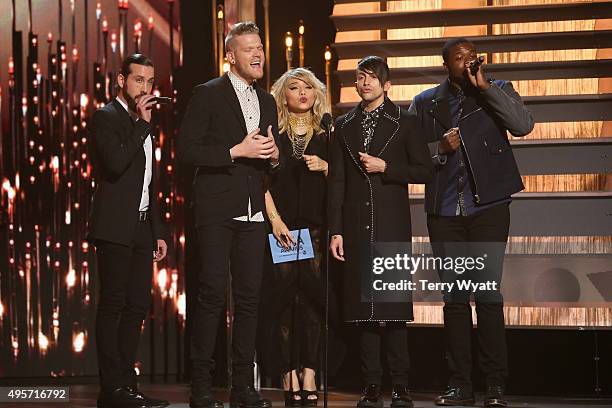 Avi Kaplan, Kirstie Maldonado, Scott Hoying, Mitch Grassi and Kevin Olusola of Penatonix attend the 49th annual CMA Awards at the Bridgestone Arena...