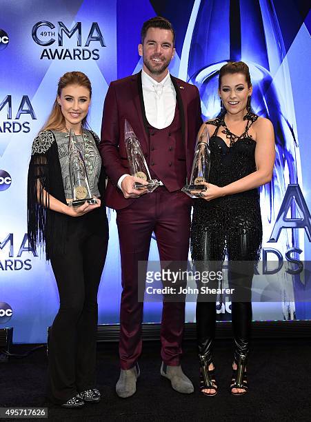 Maddie Marlow and Tae Dye of musical duo Maddie & Tae and director TK McKamy pose with their Video of the Year awards during the 49th annual CMA...