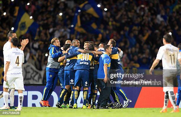 Players of Boca Juniors celebrate after winning a final match between Boca Juniors and Rosario Central as part of Copa Argentina 2015 at Mario...