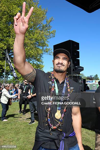 New Zealand's All Blacks rugby team player Jerome Kaino attends an official welcome parade and reception for the team in Christchurch on November 5...