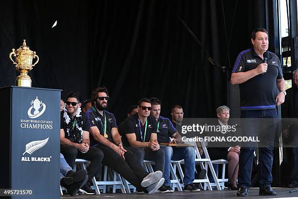 New Zealand's All Blacks rugby team coach Steve Hansen speaks at an official welcome parade and reception for the team in Christchurch on November 5...