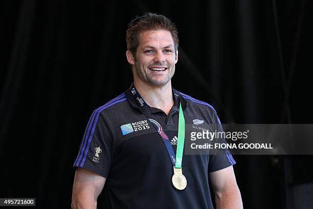 New Zealand's All Blacks rugby team captain Richie McCaw attends an official welcome parade and reception for the team in Christchurch on November 5...