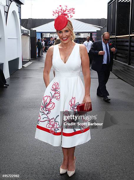 Fifi Box poses at the Southern Cross Austereo marquee on Oaks Day at Flemington Racecourse on November 5, 2015 in Melbourne, Australia.