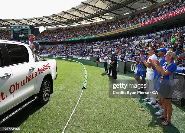 Former Test Bowler Ryan Harris of Australia is given a lap of honour during day one of the First Test match between Australia and New Zealand at The...