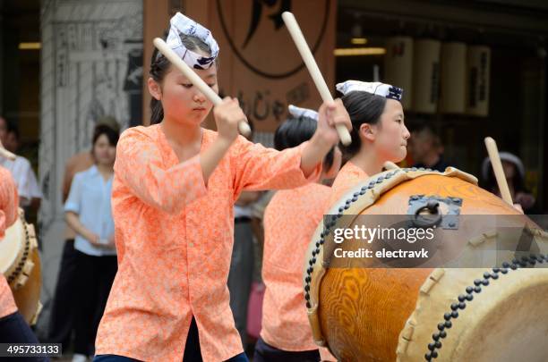 taiko drum display - obon stock pictures, royalty-free photos & images