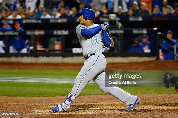 Salvador Perez of the Kansas City Royals bats against the New York Mets during Game Five of the 2015 World Series at Citi Field on November 1, 2015...