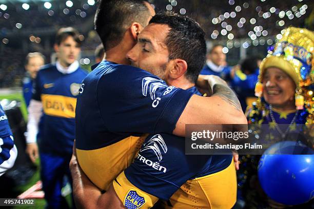 Carlos Tevez of Boca Juniors celebrates with teammates after winning a final match between Boca Juniors and Rosario Central as part of Copa Argentina...