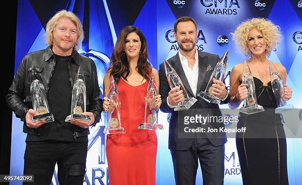 Little Big Town poses in the press room at the 49th annual CMA Awards at the Bridgestone Arena on November 4, 2015 in Nashville, Tennessee.