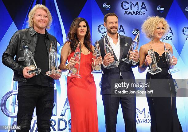 Little Big Town poses in the press room at the 49th annual CMA Awards at the Bridgestone Arena on November 4, 2015 in Nashville, Tennessee.