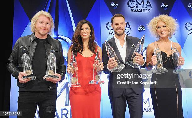 Little Big Town poses in the press room at the 49th annual CMA Awards at the Bridgestone Arena on November 4, 2015 in Nashville, Tennessee.