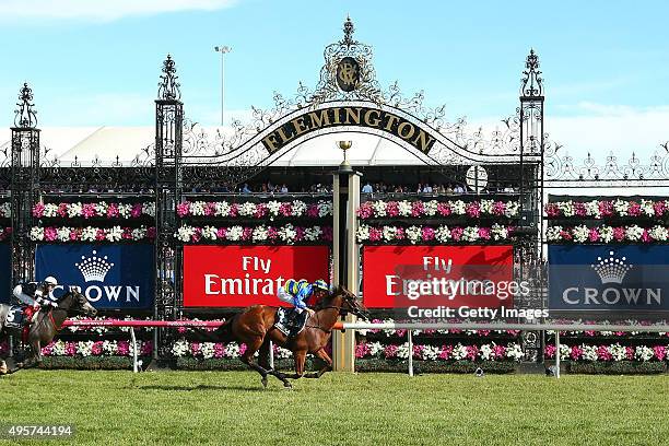 Damien Oliver rides Jameka to win race eight, the Crown Oaks on Oaks Day at Flemington Racecourse on November 5, 2015 in Melbourne, Australia.