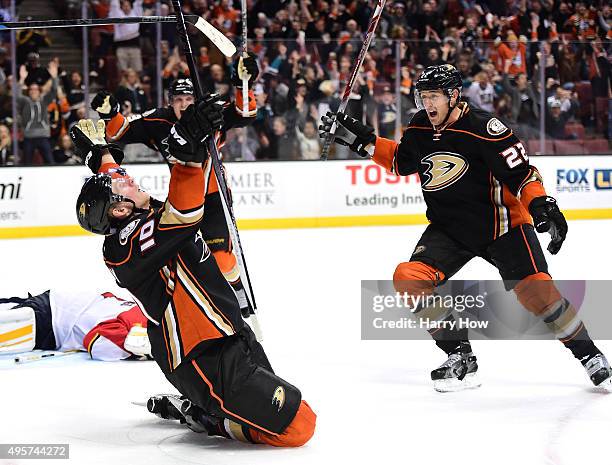 Corey Perry of the Anaheim Ducks celebrates his goal with Shawn Horcoff to tie the game 2-2 with the Florida Panthers with five seconds remaining in...