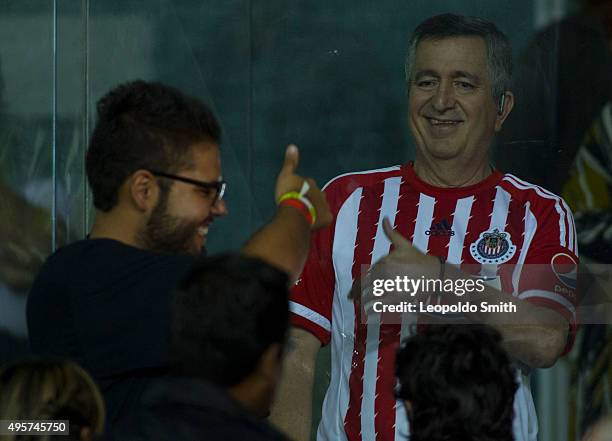 Jorge Vergara owner of Chivas talks in the suites during the Final match between Leon and Chivas as part of the Copa MX Apertura 2015 at Leon Stadium...