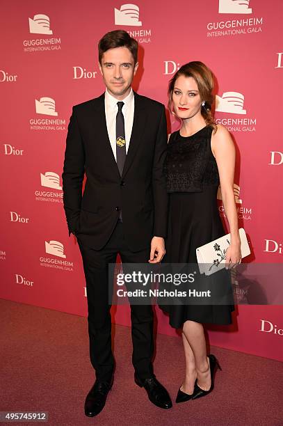 Topher Grace and Ashley Hinshaw attend the 2015 Guggenheim International Gala Pre-Party made possible by Dior at Solomon R. Guggenheim Museum on...