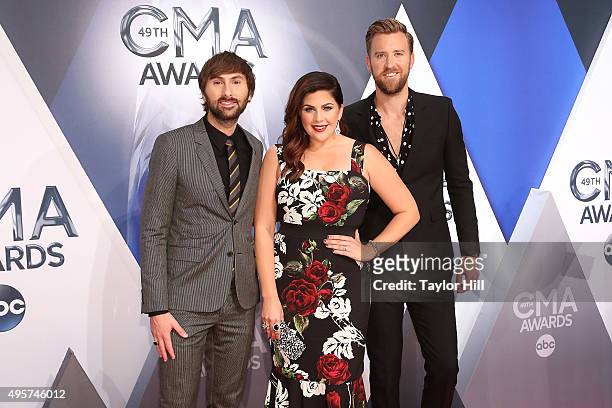 Dave Haywood, Hillary Scott, and Charles Kelley of Lady Antebellum attend the 49th annual CMA Awards at the Bridgestone Arena on November 4, 2015 in...