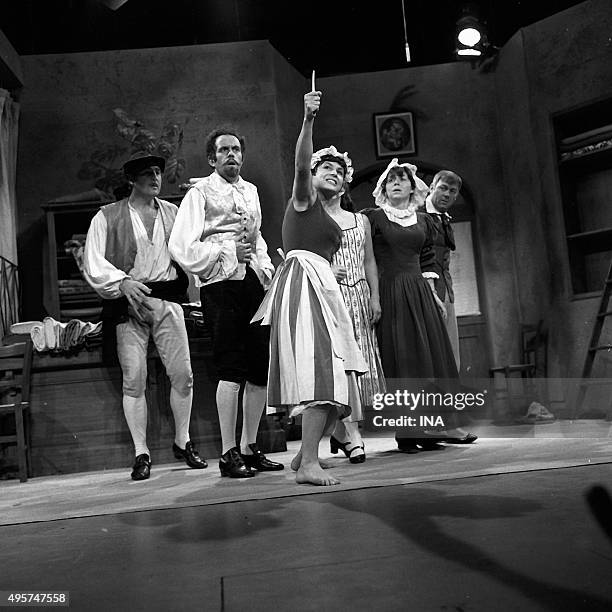 Marco Perrin, Jacques Balutin, Arlette Gilbert, Jacqueline Rouillard, Annick Alane and Jean Michel Mole in "The Hussars", play staged by Jacques...