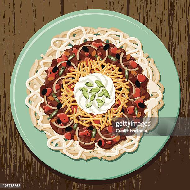 bowl of hot cincinnati chili - cheese shreds stock illustrations