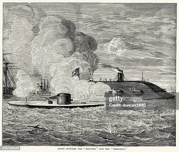 american civil war battle of hampton roads - ironclad stock-grafiken, -clipart, -cartoons und -symbole