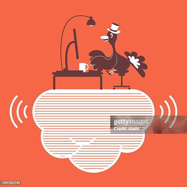 thanksgiving holiday turkey with top hat, using computer on cloud - smiling-man-at-computer stock illustrations