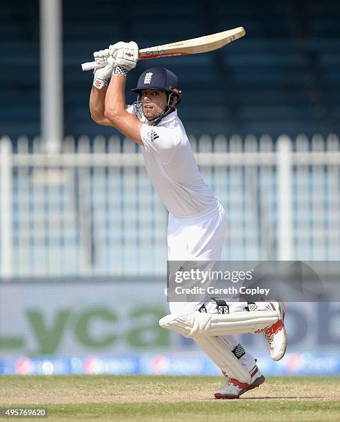 England captain Alastair Cook bats during day five of the 3rd Test between Pakistan and England at Sharjah Cricket Stadium on November 5, 2015 in...