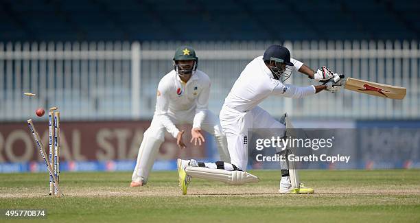 Adil Rashid of England is bowled by Rahat Ali of Pakistan during day five of the 3rd Test between Pakistan and England at Sharjah Cricket Stadium on...