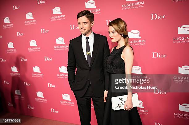 Topher Grace and Ashley Hinshaw attend the 2015 Guggenheim International Gala Pre-Party made possible by Dior at Solomon R. Guggenheim Museum on...