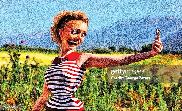 stockillustraties, clipart, cartoons en iconen met young woman with intense selfie and social media addiction - selfie