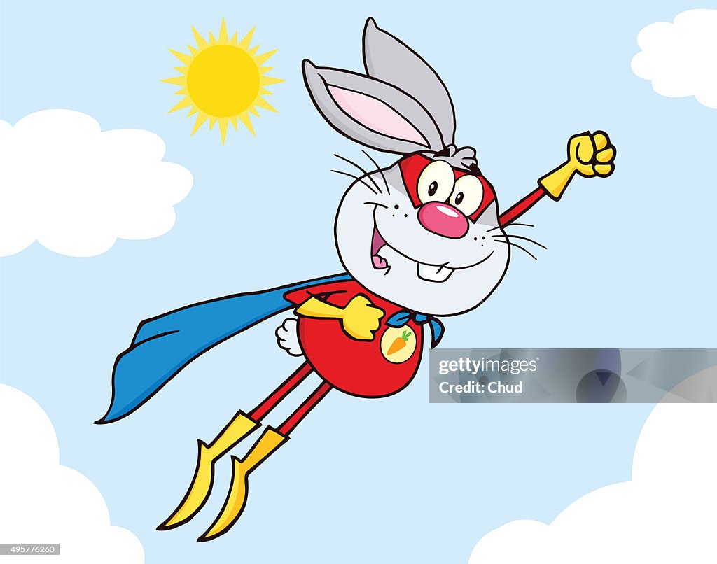 Gray Rabbit Superhero Flying In The Sky