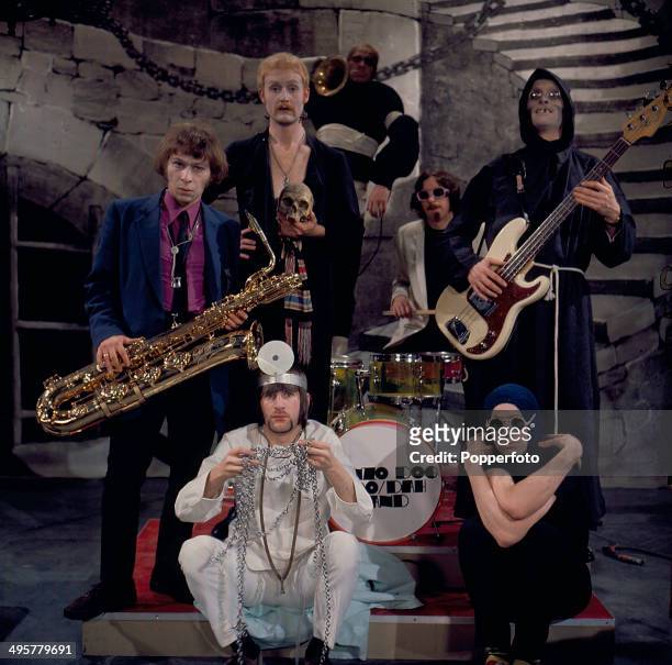 British group Bonzo Dog Doo-Dah Band posed with instruments in 1968. The line up includes Vivian Stanshall, Neil Innes, 'Legs' Larry Smith, Roger...