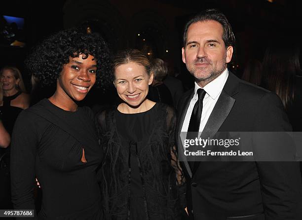 Designers Azede Jean-Pierre, Julie Haus and Jason Alkire pose before the runway presentation at Caleres Emerging Designer Award Presented by Saint...