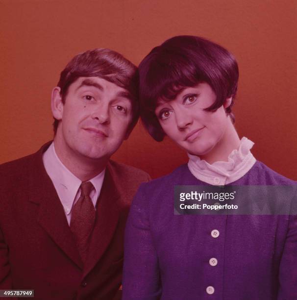 English actor Derek Nimmo pictured with actress Amanda Barrie on the set of the television series 'Comedy Tonight' in 1968.