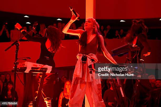 Grimes, performs at the 2015 Guggenheim International Gala Pre-Party made possible by Dior at Solomon R. Guggenheim Museum on November 4, 2015 in New...