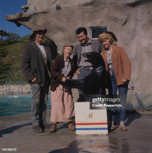 Buddy Ebsen ,Irene Ryan , Max Baer, Jr. And Donna Douglas in character as 'Jed Clampett', 'Granny', 'Jethro Bodine' and 'Elly May Clampett' posed...