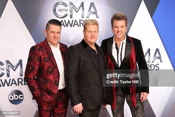 Jay DeMarcus, Gary LeVox, and Joe Don Rooney of Rascal Flatts attend the 49th annual CMA Awards at the Bridgestone Arena on November 4, 2015 in...