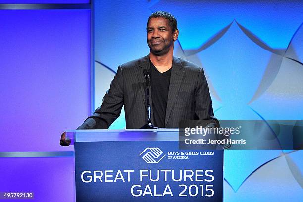 Denzel Washington speaks at the Boys and Girls Clubs of America's Annual Great Futures Gala at The Beverly Hilton Hotel on November 4, 2015 in...