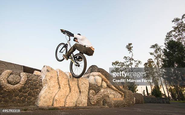 one man riding his bike doing trial at the chapultepec park in mexico city, mexico. - chapultepec park - fotografias e filmes do acervo
