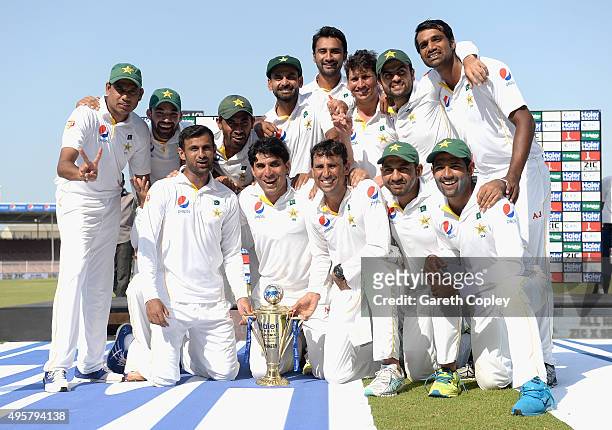 Pakistan celebrate winning the 3rd Test between Pakistan and England at Sharjah Cricket Stadium on November 5, 2015 in Sharjah, United Arab Emirates.