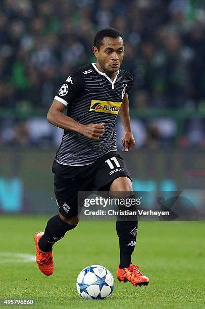 Raffael of Borussia Moenchengladbach controls the ball during the UEFA Champions League group stage match between Borussia Moenchengladbach and...