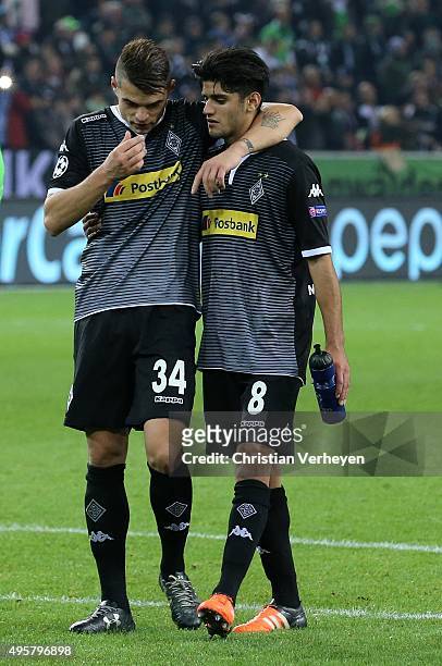 Granit Xhaka and Mahmoud Dahoud of Borussia Moenchengladbach after the UEFA Champions League group stage match between Borussia Moenchengladbach and...