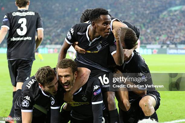 Fabian Johnson of Borussia Moenchengladbach celebrate with his team mates after their first goal during the UEFA Champions League group stage match...